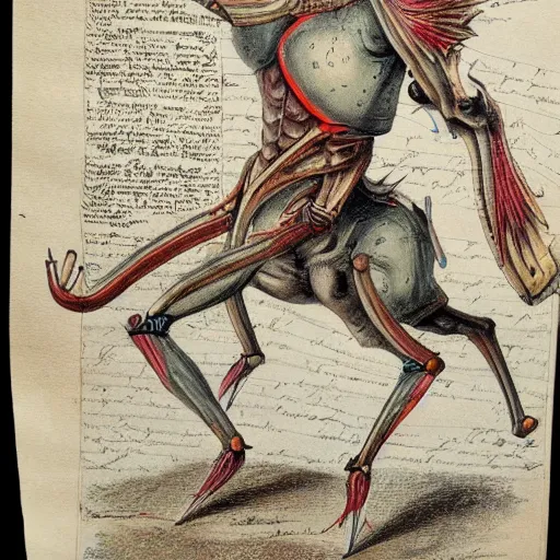 Prompt: on parchment vintage detailed colored sketch of full body dragoon anatomy, full description full page