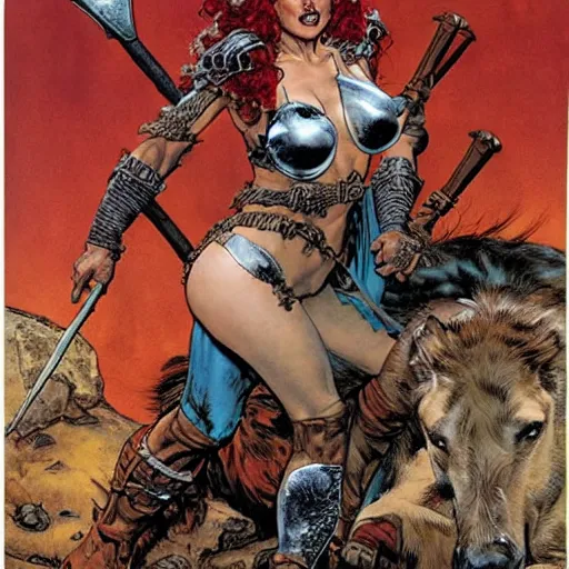 Prompt: Red Sonja comic book cover by Norman Rockwell