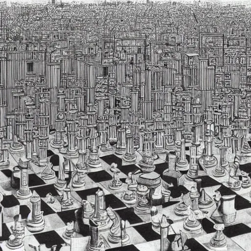 Image similar to concept art of a city whose inhabitants are chess pieces, by m. c. escher