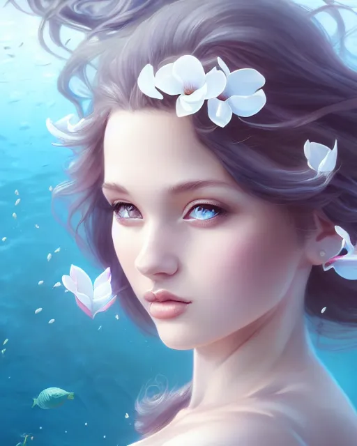 Image similar to character art of a goddess of magnolias as windy dusty underwater angelic young female | | seductive - fine - face, pretty face, key visual, realistic shaded perfect face, fine details by artgerm, wlop, nekro, james jean, andrei riabovitchev, marc simonetti, trending on artstation