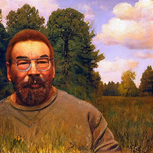 Prompt: Gary Gygax in earflaps stands in the middle of the field, Rye (Shishkin), painting by Ivan Shishkin, Ernest Gary Gygax face, painting by Valentin Serov, oil painting