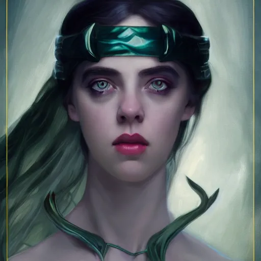 Image similar to Billie Eilish as Loki, Goddess of Mischief, oil on canvas, noir effect, artstation, by J. C. Leyendecker and Edmund Blair Leighton and Charlie Bowater,--width 1600