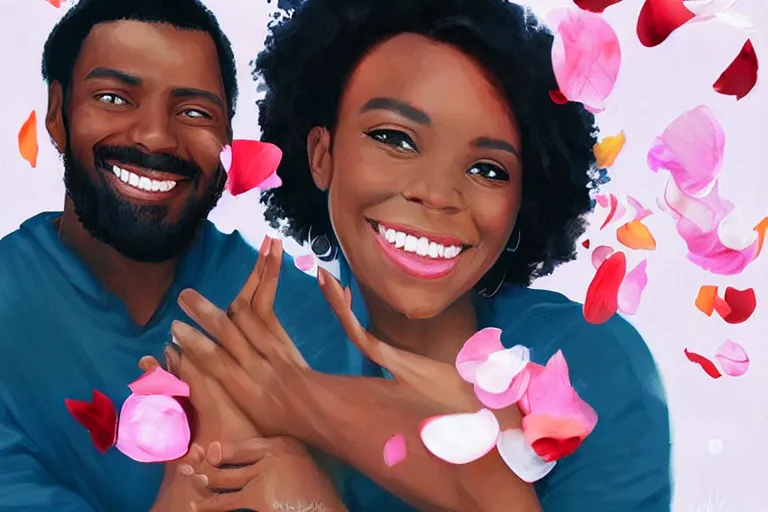 Image similar to portrait of a happy black couple posing together, holding hands surrounded by falling flower petals, digital painting by artgerm and face by wlop