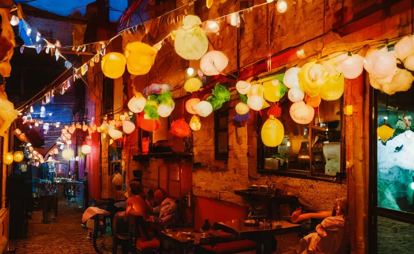 Prompt: miniature cafe diorama, macro photography, cafe with felted anglerfish on a date, alleyway, ambient, atmospheric, british, cozy, bokeh, romantic, colorful lanterns