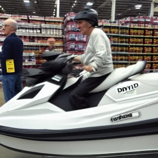 Image similar to Larry David riding a jetski in costco