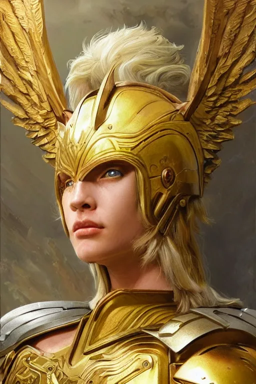 Prompt: a beautiful valkyrie , half body portrait, blond hair, heavy gold armour, realistic oil painting by Thomas Cole and Wayne Barlowe and Boris Valejo