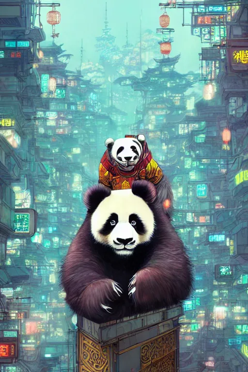 Prompt: a beautiful hyperdetailed character design of a cute panda with a chinese lion dance head victo ngai cyberpunk style of absolutely beautiful cyberpunk town, from china, style of studio ghibli, makoto shinkai, raphael lacoste, louis comfort tiffany, artgerm, james jean, ross tran, chinese style