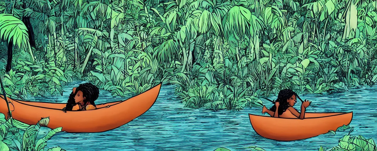 Image similar to a black teenage girl lying down in a canoe that is floating down a river on an alien planet. In the background and surroundings is a lush alien jungle. Muted complementary colours, graphic novel,