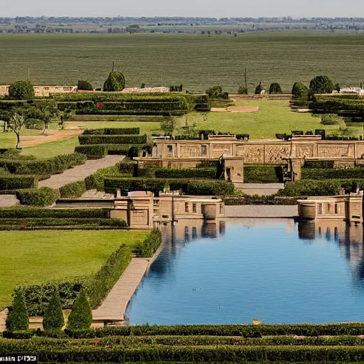 Prompt: fires cover the grasslands in the background with fountains behind tall walls of elaborate gated houses in the foreground