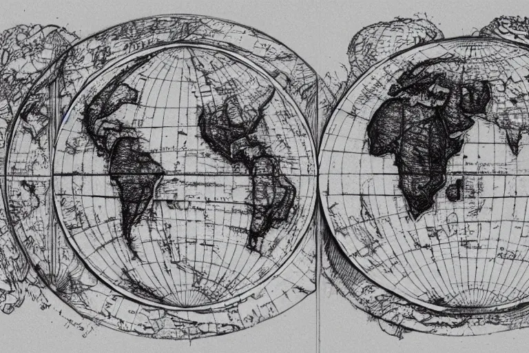 Image similar to intricate and dramatic sketch of world map, both hemispheres shown as flat earths, evil, insidious, hyperdetailed, 80mm lens, by Charlie Bowater and Gabrielle Ragusi, white and red ink sketch on black paper