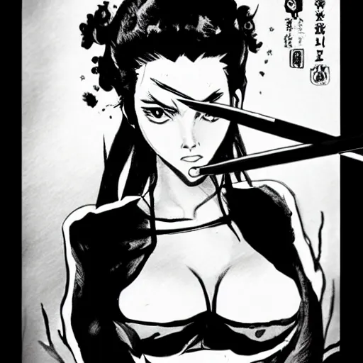 Image similar to scarlett johansson in afro samurai manga style, pencil and ink, in a bar fight