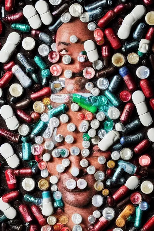 Image similar to will smith made out of pills, human face made out of pills, professional food photography