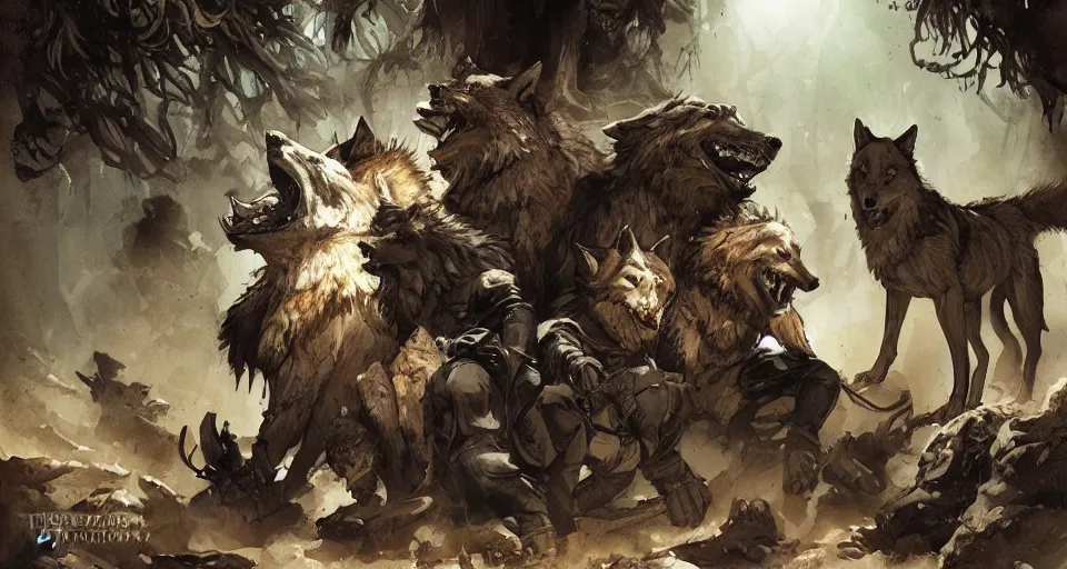 Image similar to WOLVES AND THEIR TREASURES. By Travis Charest, James Gurney, and Ashley Wood. dramatic lighting. Magic the gathering. digital painting.