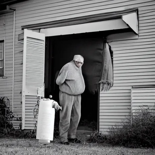 Prompt: realistic photograph of an old man showing up at his neighbor's house with a can of tuna, taken with canon eos 5 d,