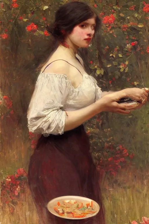 Image similar to Solomon Joseph Solomon and Richard Schmid and Jeremy Lipking victorian genre painting full length portrait painting of a young woman preparing a meal, red background