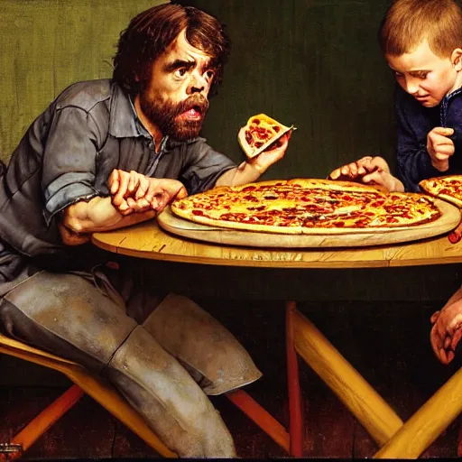 Prompt: peter dinklage eating pizza at a wooden table, artist norman rockwell,