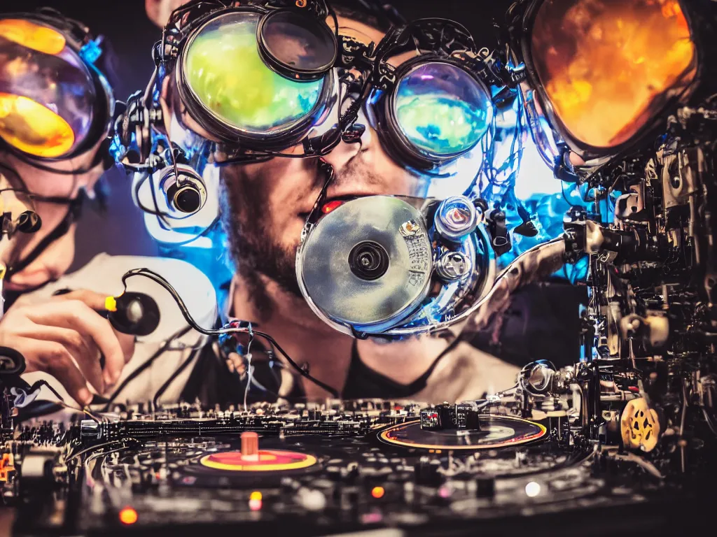 Image similar to a person wearing goggles and visor and headphones using a steampunk record player contraption, wires and tubes, turntablism dj scratching, intricate planetary gears, cinematic, imax, sharp focus, leds, bokeh, iridescent, black light, fog machine, hazy, lasers, hyper color digital art, cyberpunk