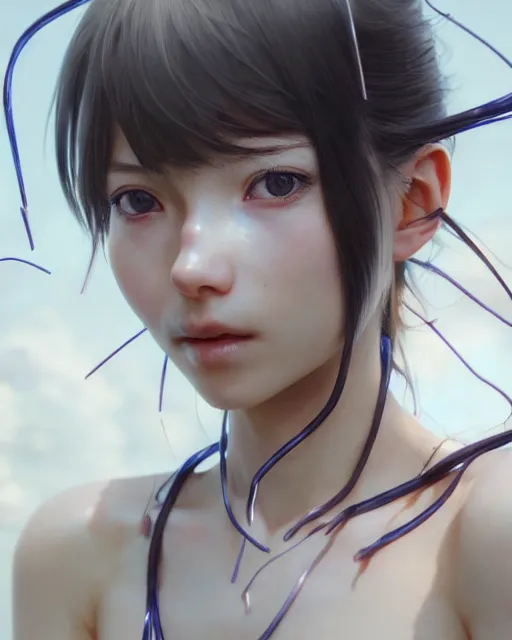 Image similar to concerning closeup portrait of a beautiful carefree girl covered in sharp metal wire, by katsuhiro otomo, yoshitaka amano, nico tanigawa, artgerm, greg rutkowski makoto shinkai takashi takeuchi rendered with intense 3 d effect reflective shadowing, cinematic lighting, hyperrealistic illustration uhd 8 k