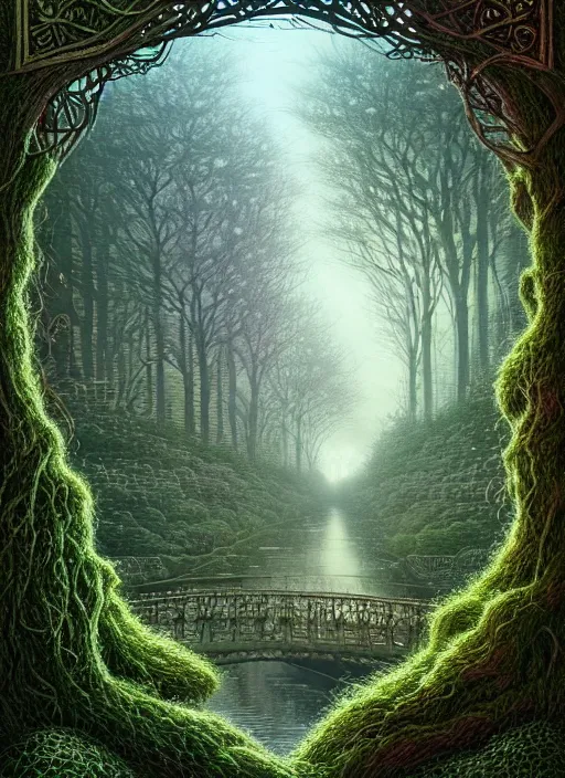 Image similar to book cover!!!!!!!!!!!!, old bridge, ivy vector elements at each border, fantasy forest landscape, fantasy magic, light night, intricate, elegant, sharp focus, illustration, highly detailed, digital painting, concept art, matte, art by wlop and artgerm and ivan shishkin and andrey shishkin, masterpiece