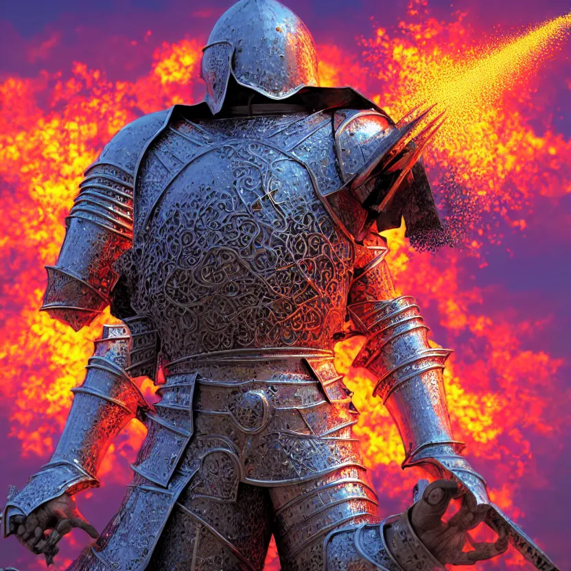 Prompt: hyper realistic matte painting of a medieval fantasy knight in a t - pose exploding into colorful metal shrapnel, octane render by alex grey