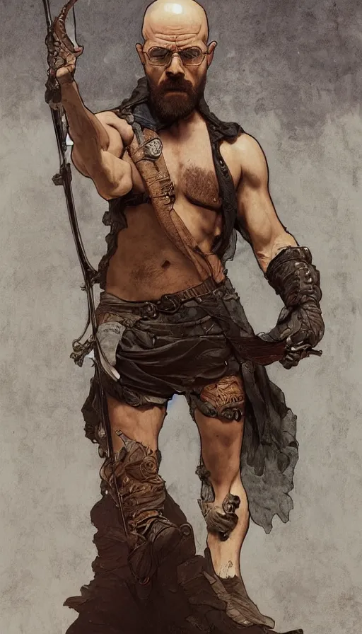 Image similar to Heisenberg as Kratos, highly detailed, digital painting, artstation, concept art, smooth, sharp focus, illustration, ArtStation, art by artgerm and greg rutkowski and alphonse mucha and J. C. Leyendecker and Edmund Blair Leighton and Katsuhiro Otomo and Geof Darrow and Phil hale and Ashley wood and Ilya repin and Charlie Bowater