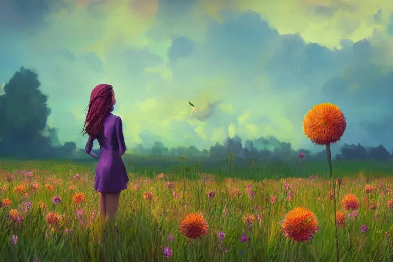 Image similar to giant thistle flower head, girl in suit in field of flowers, surreal photography, sunrise, blue sky, dramatic light, impressionist painting, digital painting, artstation, simon stalenhag