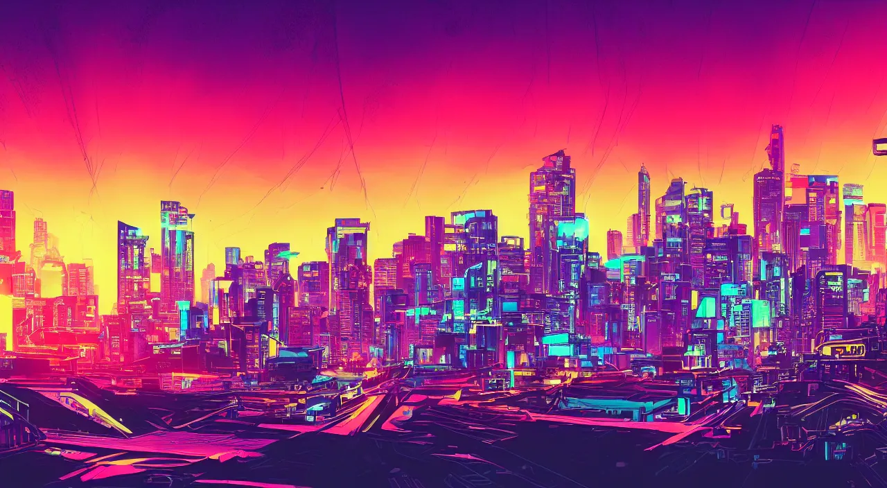 Prompt: cybernetic synthwave vaprowave city with an awesome sunset. 8k resolution, background wallpaper, digital art, trending on art station, beautiful