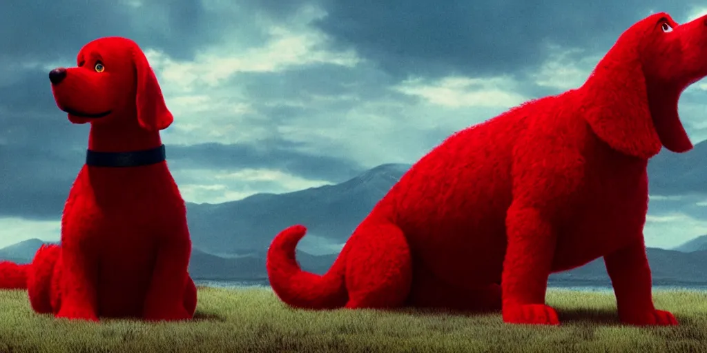 Prompt: film still of clifford the big red dog in the new godzilla movie