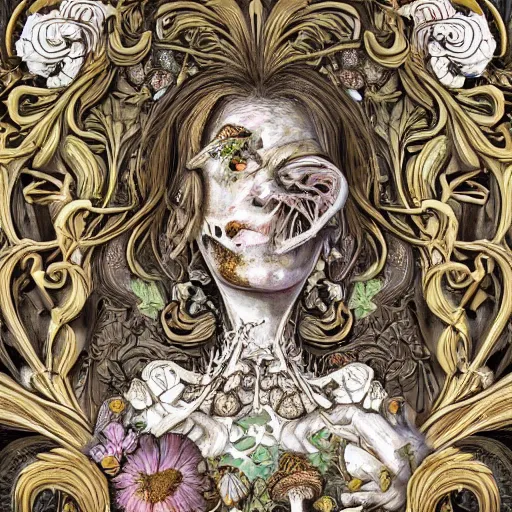 Image similar to a beautiful detailed front view baroque portrait of a rotten woman corpse with fractal plants and fractal flowers and mushrooms growing around, intricate, symmetrical, ornate, ornamentation, bones, illustration, in the style of art nouveau