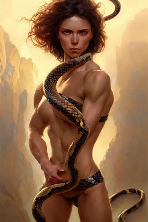 Image similar to Muscular woman fighting with snake, beautiful portrait, fantasy, amber eyes, face, long hair, intricate, elegant, highly detailed, digital painting, artstation, concept art, smooth, sharp focus, illustration, art by artgerm and greg rutkowski and alphonse mucha