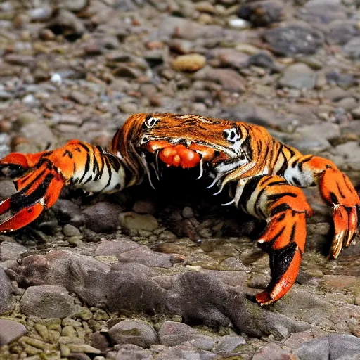 Image similar to A creature that is half tiger, half crab