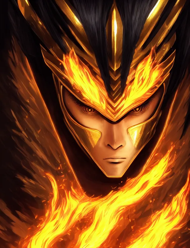 Image similar to a detailed manga portrait of a black haired man with hazel eyes in gleaming golden armour that burns with golden fire, trending on artstation, digital art, 4 k resolution, detailed, high quality, sharp focus, hq artwork, coherent, insane detail, character portrait