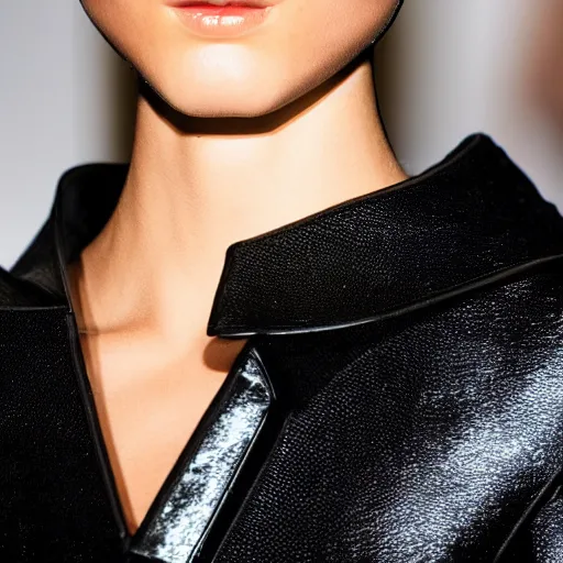 Prompt: close up of face from a fashion model with edgy black Thierry Mugler dress in circuit style, catwalk photo, fall-winter 2015-2016, highly detailed