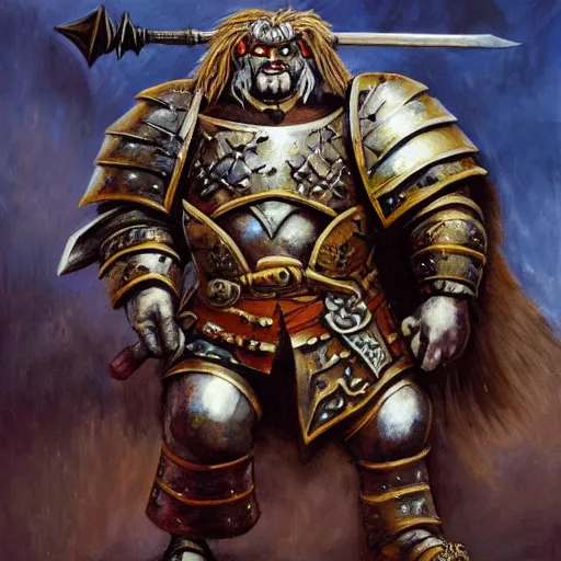 Image similar to ogre warrior wearing plated armor who is holding a battle axe in the style of warhammer fantasy : : head and torso oil painting