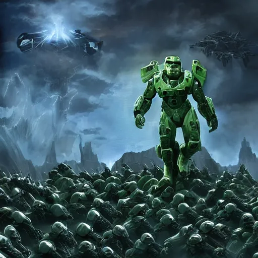 Prompt: digital art, trending on artstation, the master chief of halo fighting an army of aliens in hell.