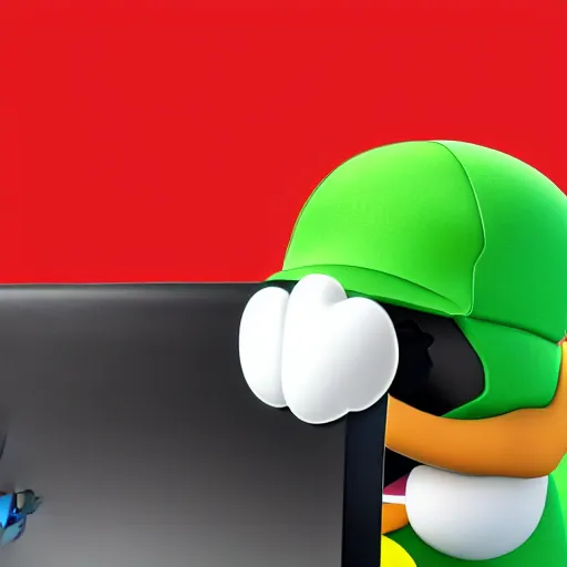 Prompt: tux penguin wearing the luigi hat in front of a computer with linux running on the screen, cute digital art, 4 k