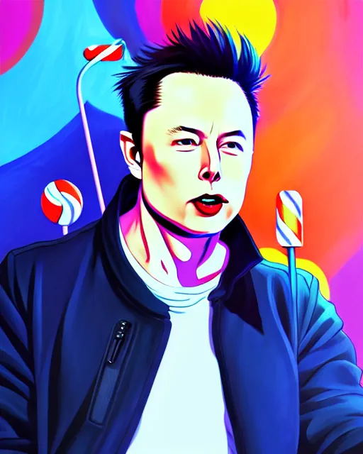 Prompt: anime style, vivid, expressive, full body, 4 k, painting, sexy elon musk with a long wavy black hair is licking a lollipop, stunning, realistic light and shadow effects, centered, simple background, studio ghibly makoto shinkai yuji yamaguchi