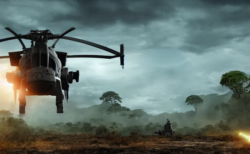 Image similar to photo of sci - fi war helicopter landing on jungle complex, ultra detailed, movie frame, cinematical composition, 4 k, breaking bad