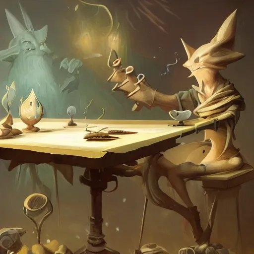 Prompt: parchment records on table by Peter Mohrbacher