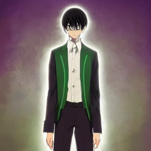 Image similar to full body portrait character concept art, anime key visual of decadent green long straight hair young anime male in black suit, green long straight hair and brown eyes, finely detailed perfect face studio lighting delicate features directed gaze, gapmoe kuudere grimdark, trending on pixiv fanbox, painted by greg rutkowski makoto shinkai takashi takeuchi studio ghibli