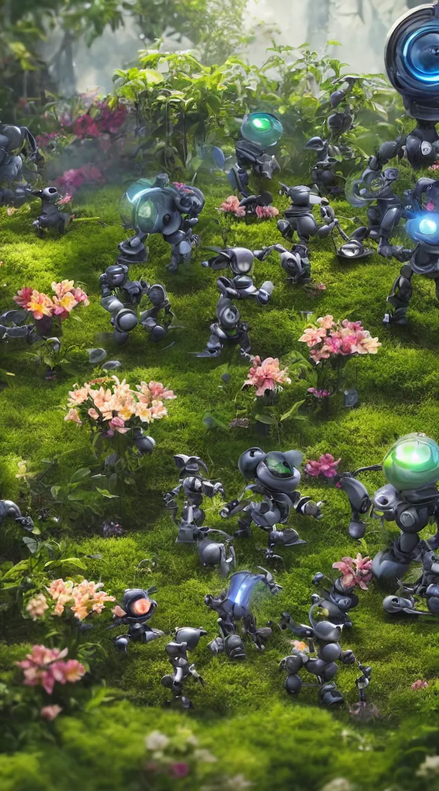 Image similar to tiny robots in a garden, hyper detailed, sharp focus, bokeh, unreal engine, ray tracing, cute, fantasy, sci fi