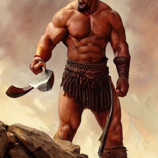 Image similar to Dwayne Johnson as Kratos, highly detailed, digital painting, artstation, concept art, smooth, sharp focus, illustration, ArtStation, art by artgerm and greg rutkowski and alphonse mucha and J. C. Leyendecker and Edmund Blair Leighton and Katsuhiro Otomo and Geof Darrow and Phil hale and Ashley wood and Ilya repin and Charlie Bowater