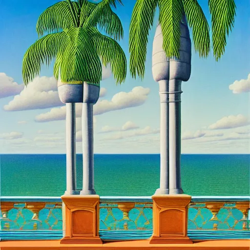 Image similar to a ultradetailed beautiful painting of the amazonas palace balustrade designed by rene magritte, tarsila do amaral, frank weston and gustave baumann, beach, trending on artstation, mediterranean, palm trees, detailed face, sharp focus, soft light, 8 k 4 k