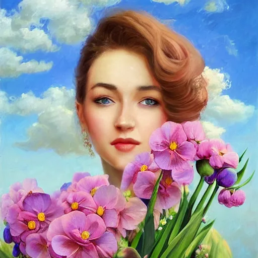 Image similar to a portrait of a romantic woman with flowers grow out of hair, roses peonies forget-me-nots dahlias lupins gladioli, sky theme in background, by Alexandr Averin, Digital Art, Trending on artstation