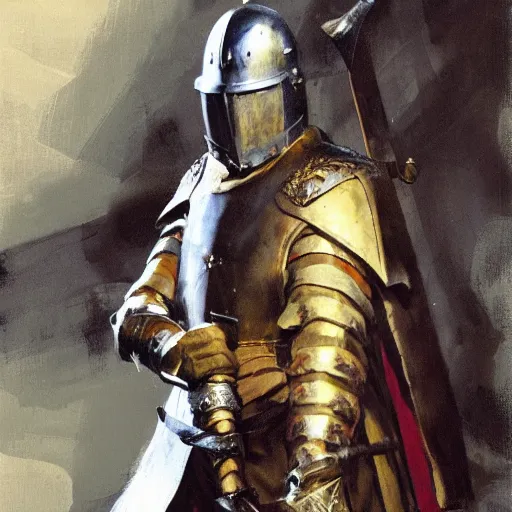 Image similar to portrait of man wearing gambeson and sallet helmet, holding sword, attacking, dramatic, detailed by greg manchess, craig mullins, bernie fuchs, walter everett