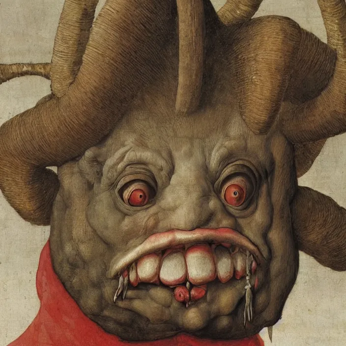 Image similar to close up portrait of an overdressed mutant monster creature with snout, horns, insect wings, unibrow, piercing eyes, toxic smile. jan van eyck, bosch