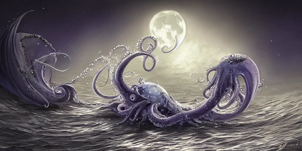 Image similar to a portuguese man o'war being attacked by a cthulhu in an ocean lit only by the light reflected off the moon, digital painting, artstation, dark, fog