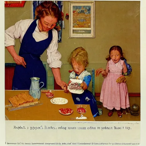 Image similar to housewife putting a hot apple pie on kitchen table, blue dress, apron, giving the middle finger to her husband, 2 children eating, artwork of norman rockwell