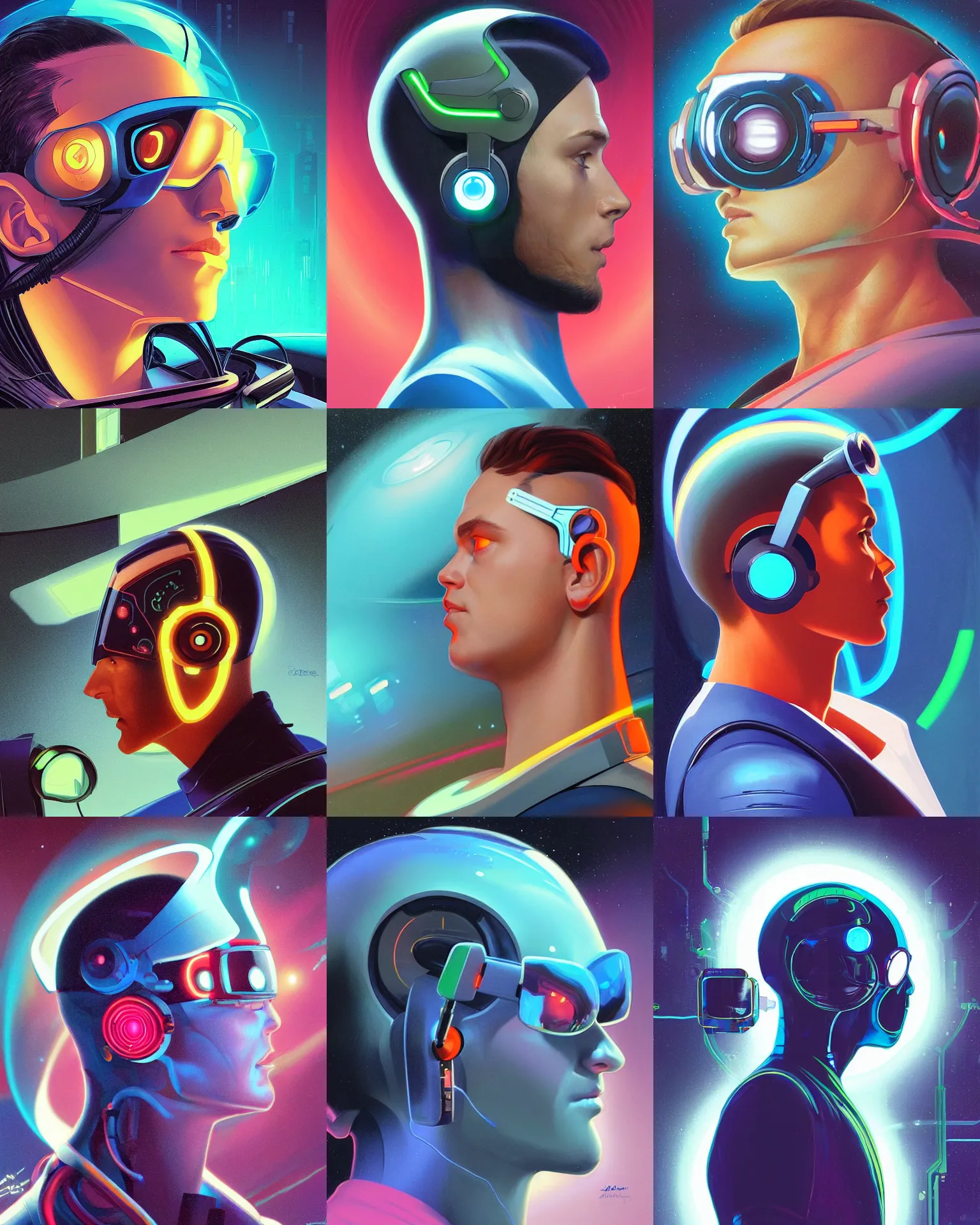Prompt: profile side view of a future coder man looking on, sleek cyclops display over eyes and sleek bright headphoneset, neon accent lights, holographic colors, desaturated headshot portrait digital painting by dean cornwall, rhads, john berkey, tom whalen, alex grey, alphonse mucha, donoto giancola, astronaut cyberpunk electric