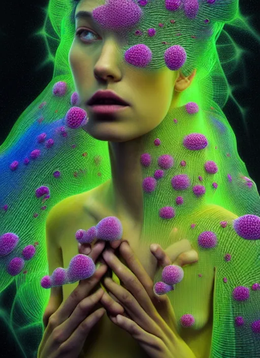 Image similar to hyper detailed 3d render like a painting - Aurora (Singer) seen Eating of the Strangling network of yellowcake aerochrome and milky Fruit and Her delicate Hands hold of gossamer polyp blossoms bring iridescent fungal flowers whose spores black the foolish stars by Jacek Yerka, Mariusz Lewandowski, Houdini algorithmic generative render, Abstract brush strokes, Masterpiece, Edward Hopper and James Gilleard, Zdzislaw Beksinski, Mark Ryden, Wolfgang Lettl, hints of Yayoi Kasuma, octane render, 8k